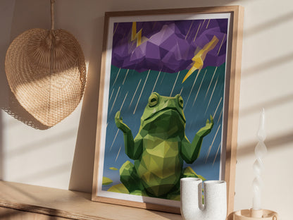 Toad Conducts Rain Poster | Green and Purple Low Poly Art Print | Kids Room Wall Art — styled in an interior