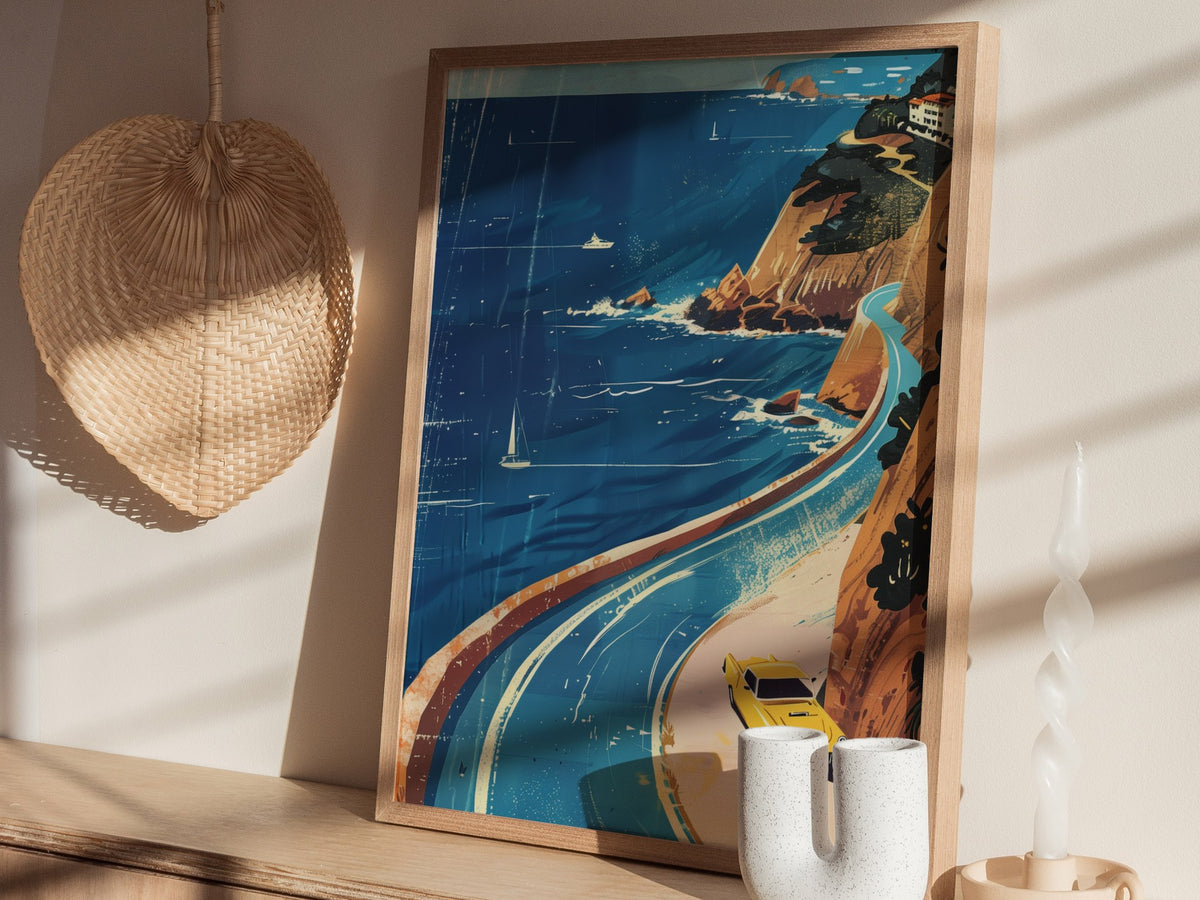 Coastal Drive Poster | Cobalt and Coral Watercolor Art Print | Coastal Wall Art — styled in an interior