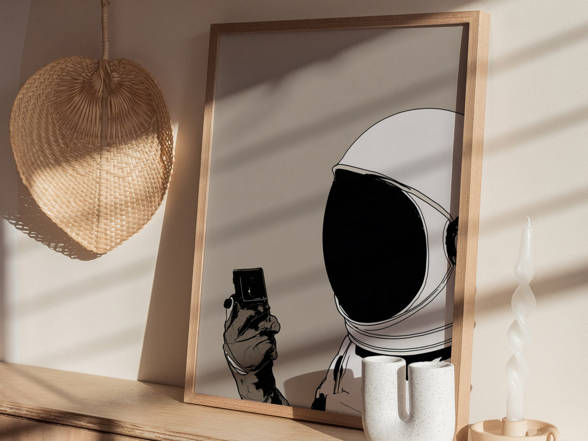 Astronaut Claims Shade Poster | Cream and Brown Illustrative Art Print | Fashion Forward Wall Art — styled in an interior