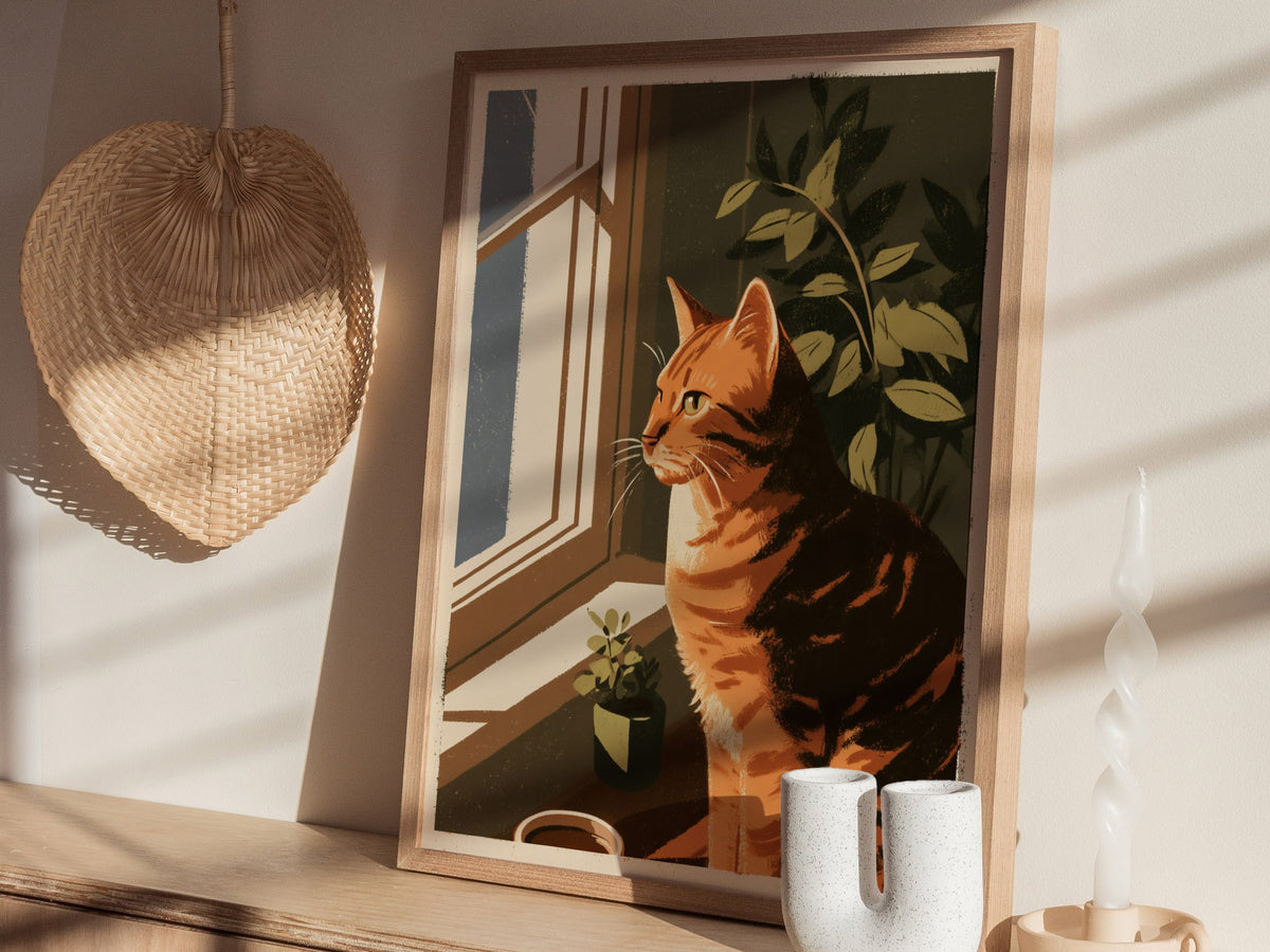 Cat Watches Morning Poster | Warm Ochre Illustrative Art Print | Cat Lover Wall Art — styled in an interior