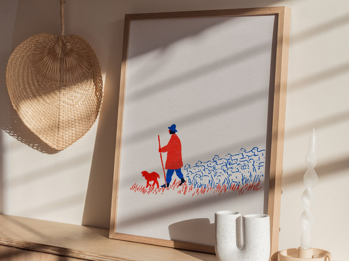 Shepherd Leads Home Poster | Red and Blue Screen Print Art Print | Nursery Wall Art — styled in an interior