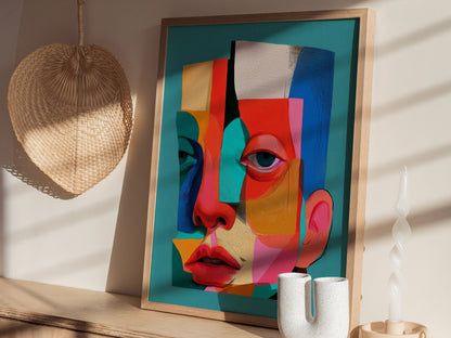 Split Face Mosaic Poster | Teal and Coral Illustrative Art Print | Modern Portrait Wall Art — styled in an interior