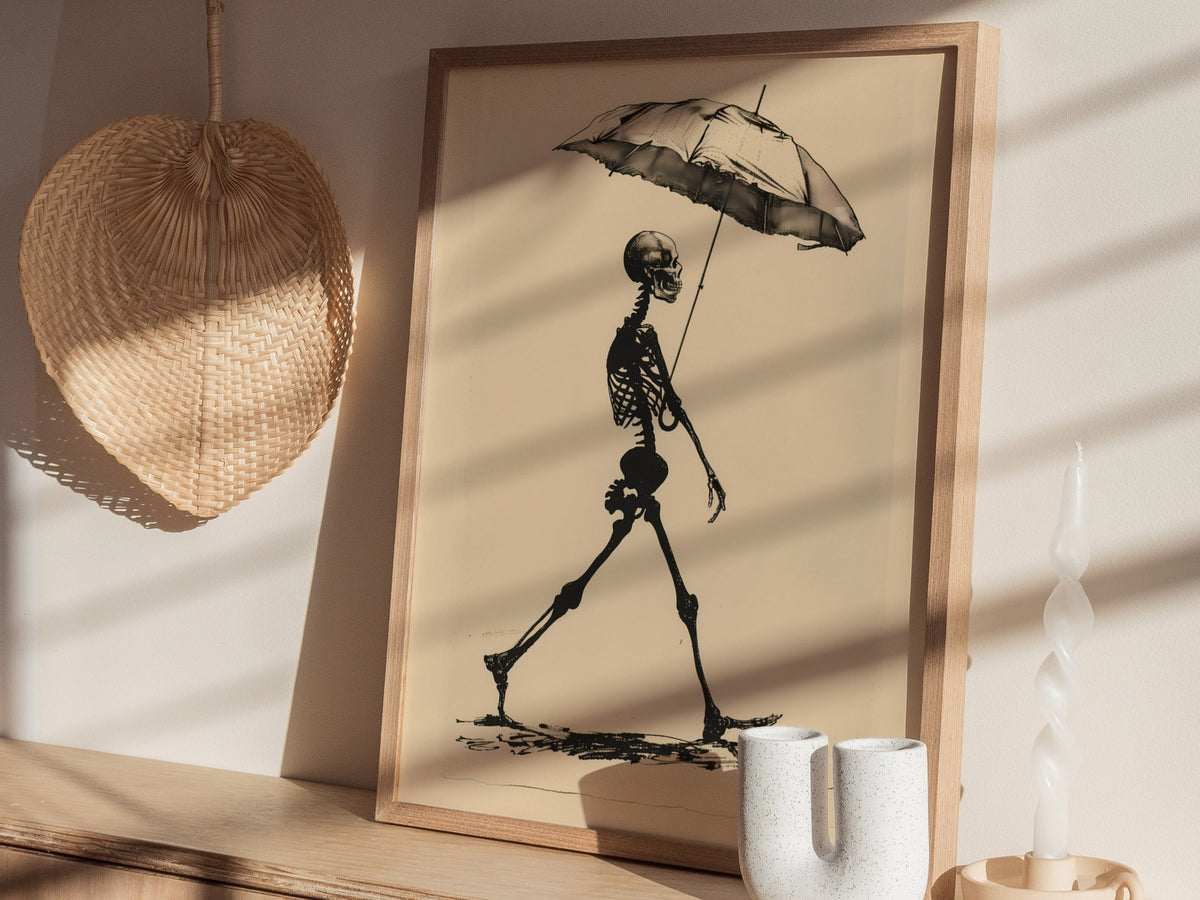Skeleton with Umbrella Poster | Black and Cream Pen and Ink Art Print | Dark Humor Wall Art — styled in an interior