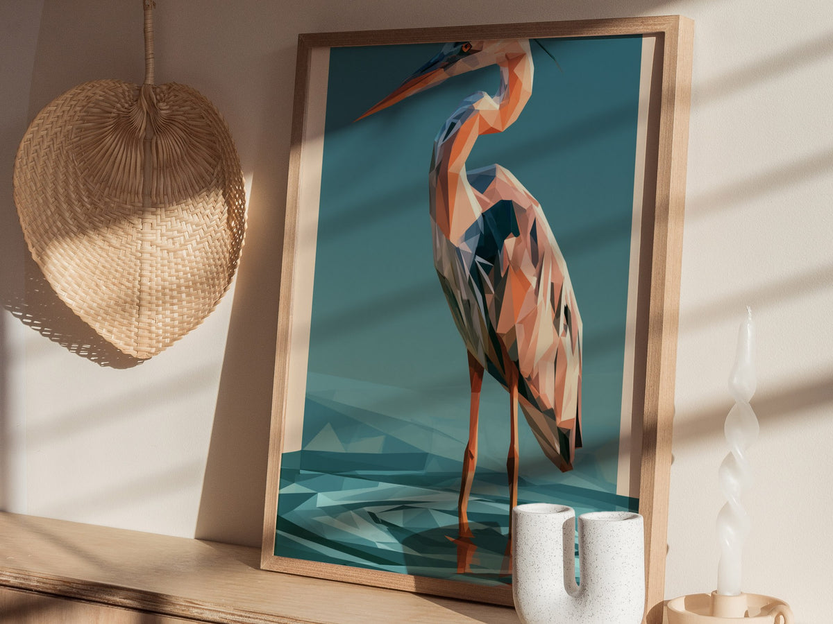 Heron Stands Lagoon Poster | Teal and Orange Low Poly Art Print | Modern Minimalist Wall Art — styled in an interior