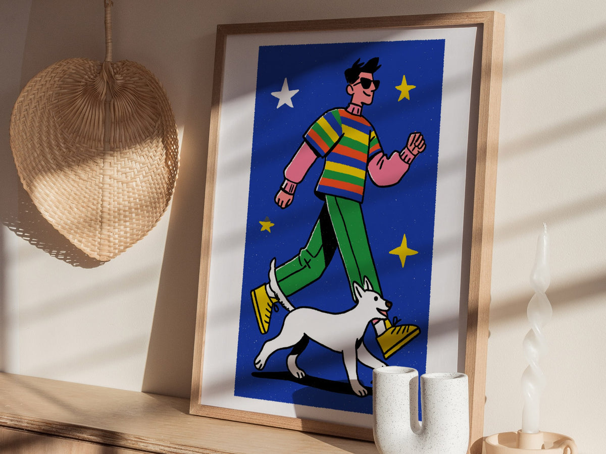 hero-and-cat Poster | Warm Ochre Illustrative Art Print | Kids Room Wall Art — styled in an interior