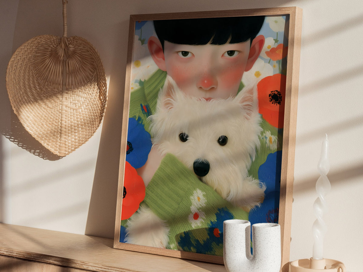 Boy With Westie Poster | Blue and Green Illustrative Art Print | Contemporary Wall Art — styled in an interior