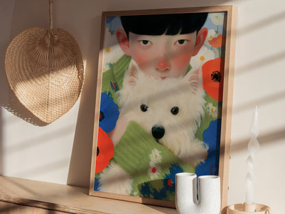 Boy With Westie Poster | Blue and Green Illustrative Art Print | Contemporary Wall Art — styled in an interior