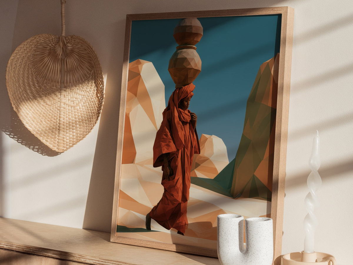 Merchant Carries Jars Poster | Ochre and Teal Low Poly Art Print | Minimalist Wall Art — styled in an interior