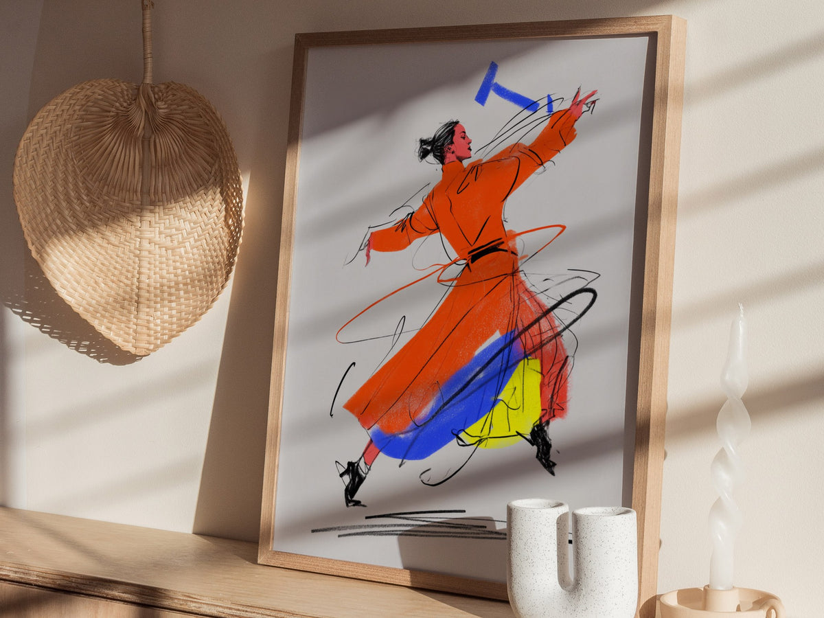Dancer Breaks Free Poster | Pink and Orange Illustrative Art Print | Dance Studio Wall Art — styled in an interior