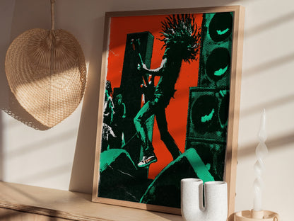 Guitarist Leaves Ground Poster | Orange and Green Screen Print Art Print | Music Lover Wall Art — styled in an interior