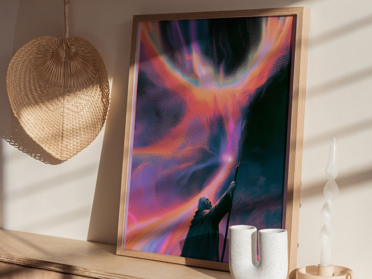 Wizard Channels Phoenix Poster | Cyan and Magenta Screen Print Art Print | Dark Fantasy Wall Art — styled in an interior