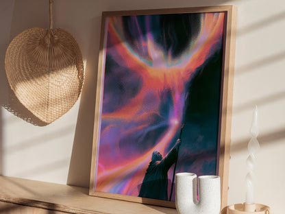 Wizard Channels Phoenix Poster | Cyan and Magenta Screen Print Art Print | Dark Fantasy Wall Art — styled in an interior