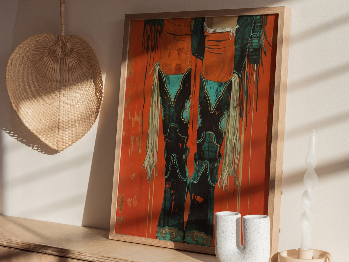 Cowgirl Boots Up Poster | Rust and Turquoise Matisse Style Art Print | Western Wall Art — styled in an interior