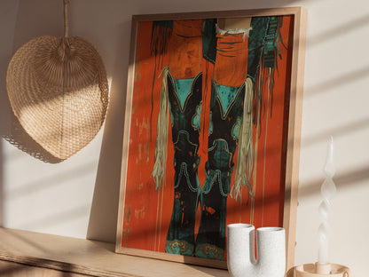 Cowgirl Boots Up Poster | Rust and Turquoise Matisse Style Art Print | Western Wall Art — styled in an interior