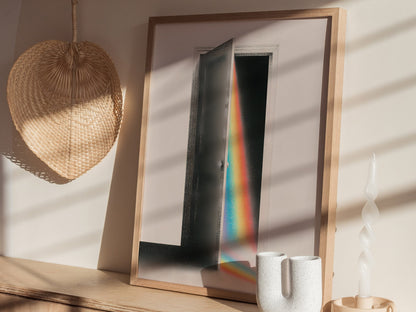 Rainbow Through the Door Poster | Rainbow and Black Pen and Ink Art Print | Mystic Wall Art — styled in an interior