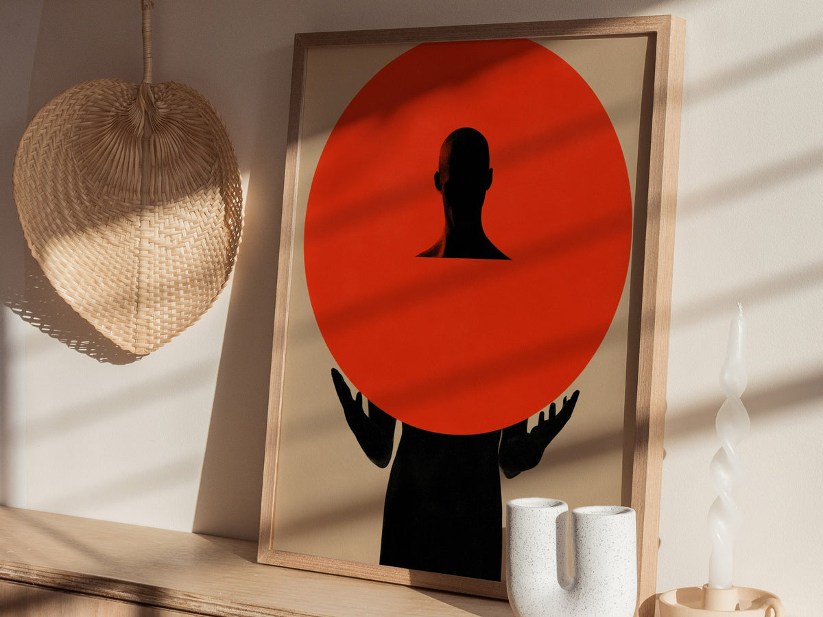 Figure Holding Geometry Poster | Coral and Black Minimalism Art Print | Minimalist Wall Art — styled in an interior