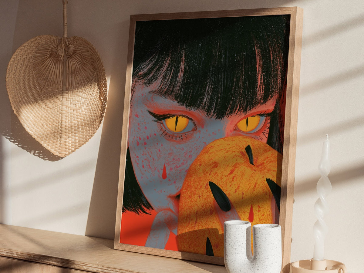 Devil Bites Apple Poster | Coral and Yellow Illustrative Art Print | Dark Fantasy Wall Art — styled in an interior