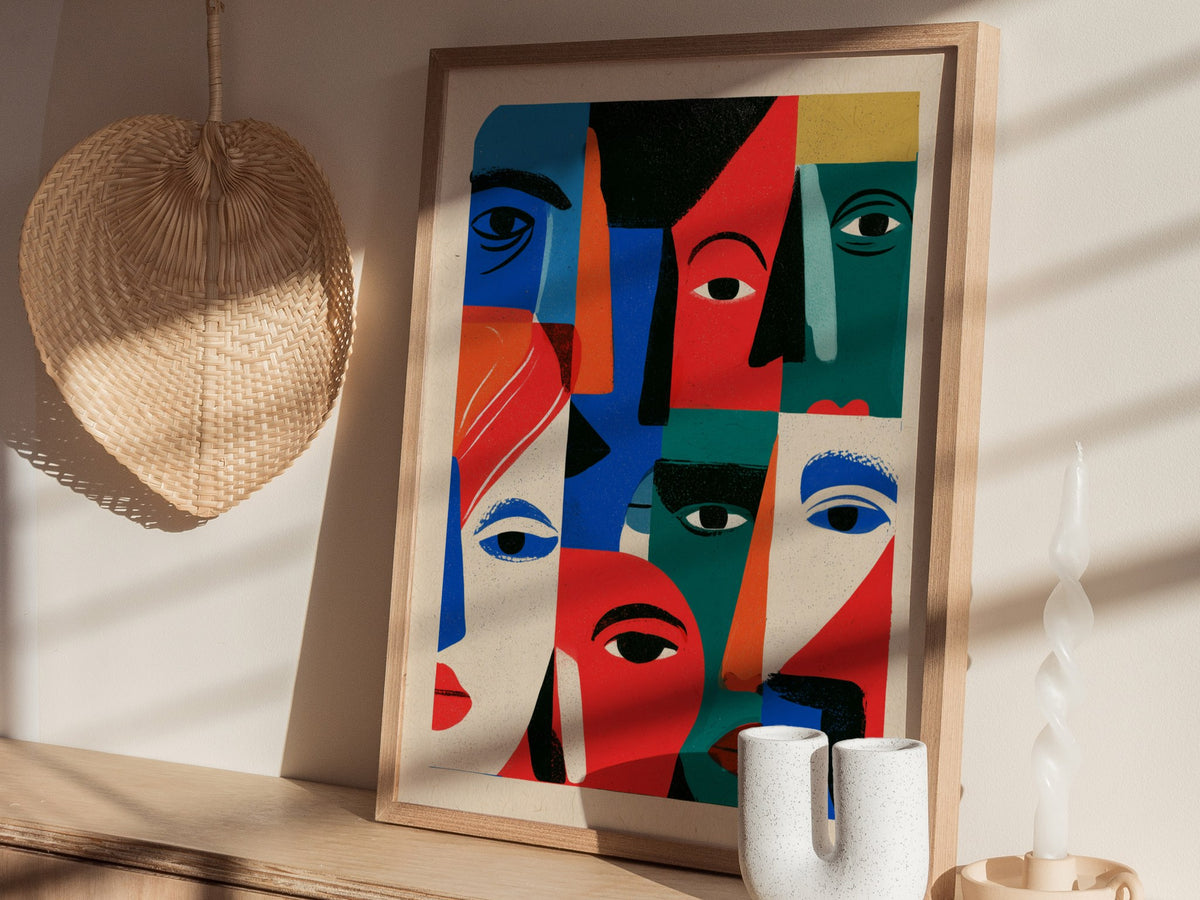 Crowd Wears Faces Poster | Multicolor Illustrative Art Print | Kids Room Wall Art — styled in an interior