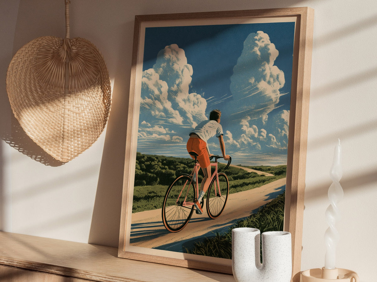 Cyclist Chases Horizon Poster | Blue and Orange Illustrative Art Print | Cycling Wall Art — styled in an interior