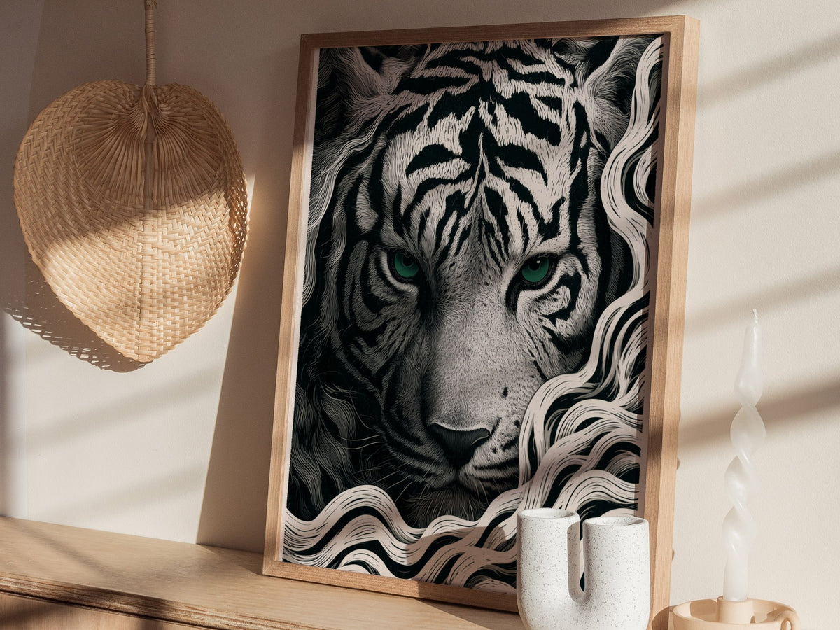 White Tiger Surfaces Poster | Black and Cream Pen and Ink Art Print | Dark Academia Wall Art — styled in an interior