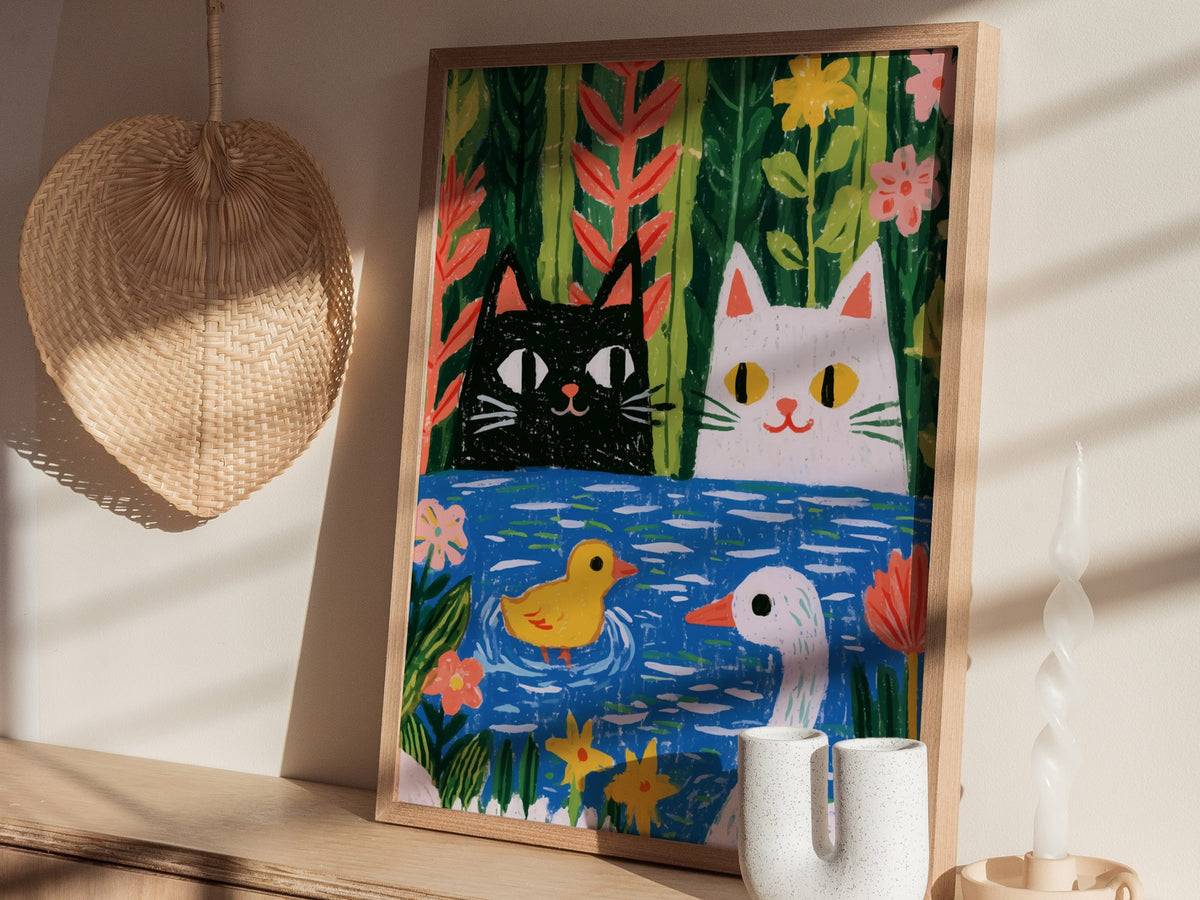 Forest Pond Companions Poster | Forest Green Illustrative Art Print | Kids Room Wall Art — styled in an interior