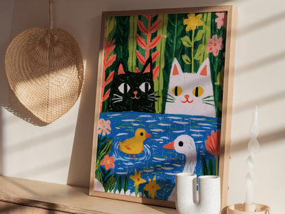 Forest Pond Companions Poster | Forest Green Illustrative Art Print | Kids Room Wall Art — styled in an interior
