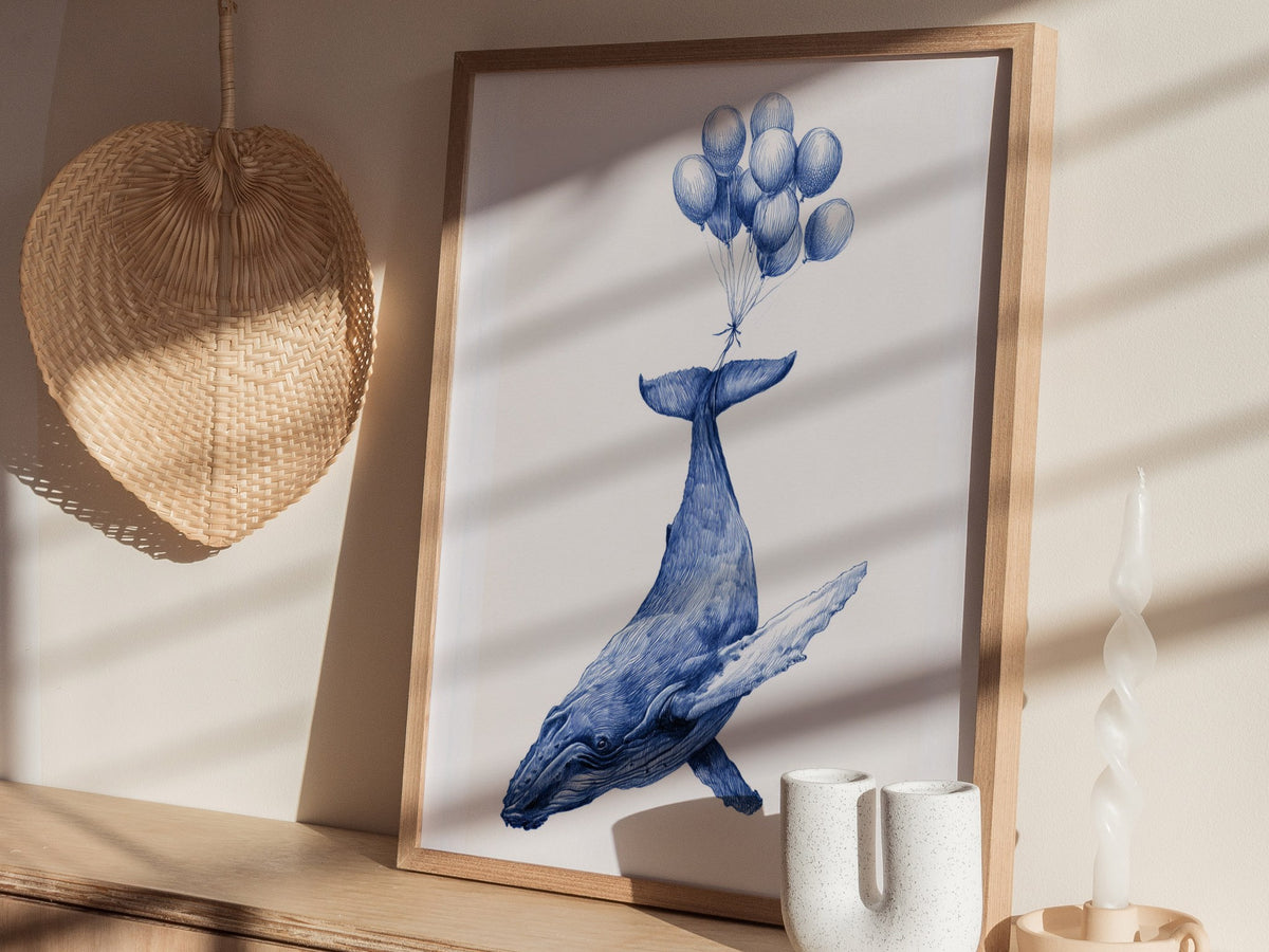 Whale Lifted Away Poster | Black and White Pen and Ink Art Print | Dark Fantasy Wall Art — styled in an interior