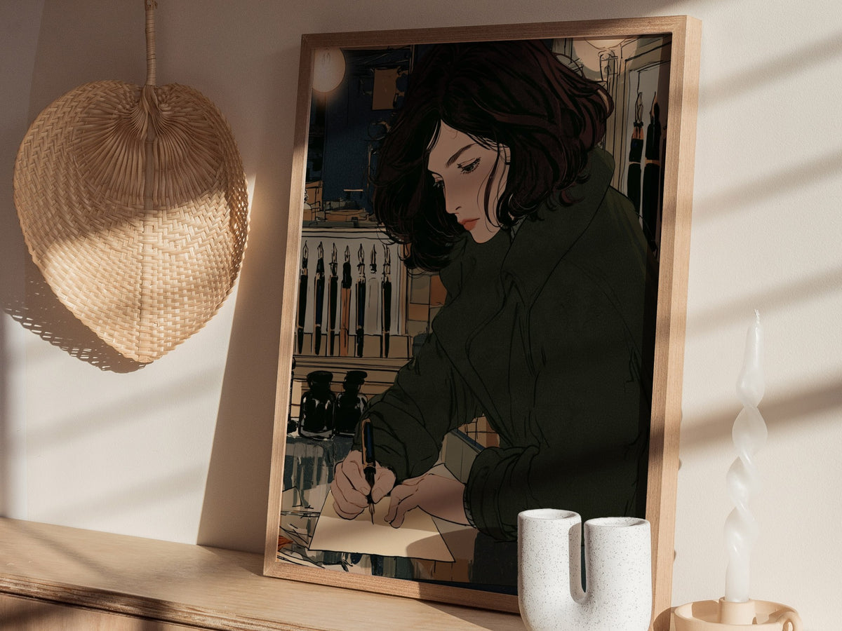 Girl Tests Pen Poster | Navy and Cream Illustrative Art Print | Dark Academia Wall Art — styled in an interior