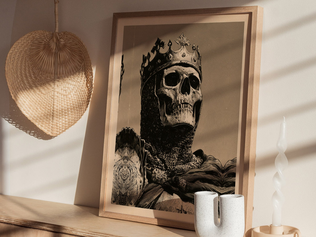 Dead King Reigns Poster | Red and Sepia Pen and Ink Art Print | Dark Fantasy Wall Art — styled in an interior
