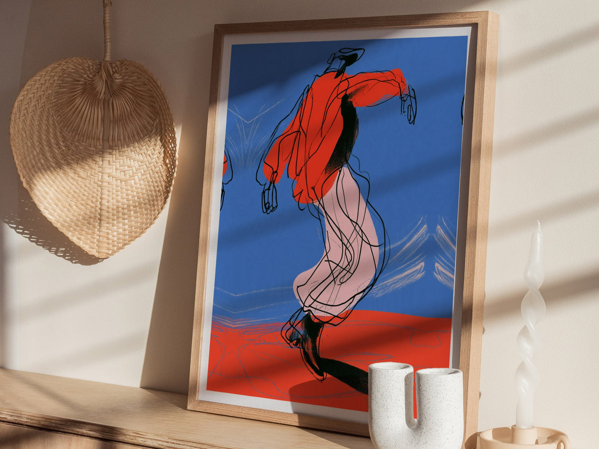 Dancer Kicks Blue Poster | Blue and Red Illustrative Art Print | Dance Wall Art — styled in an interior