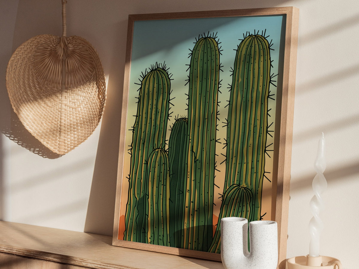 Cactus Garden Poster | Green and Coral Japanese Woodblock Art Print | Southwestern Wall Art — styled in an interior