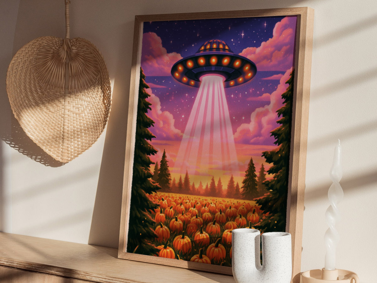 Gourd Harvest Poster | Orange and Purple Illustrative Art Print | Sci-Fi Wall Art — styled in an interior