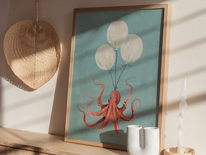 Balloon Octopus Poster | Coral and Teal Illustrative Art Print | Surrealist Wall Art — styled in an interior