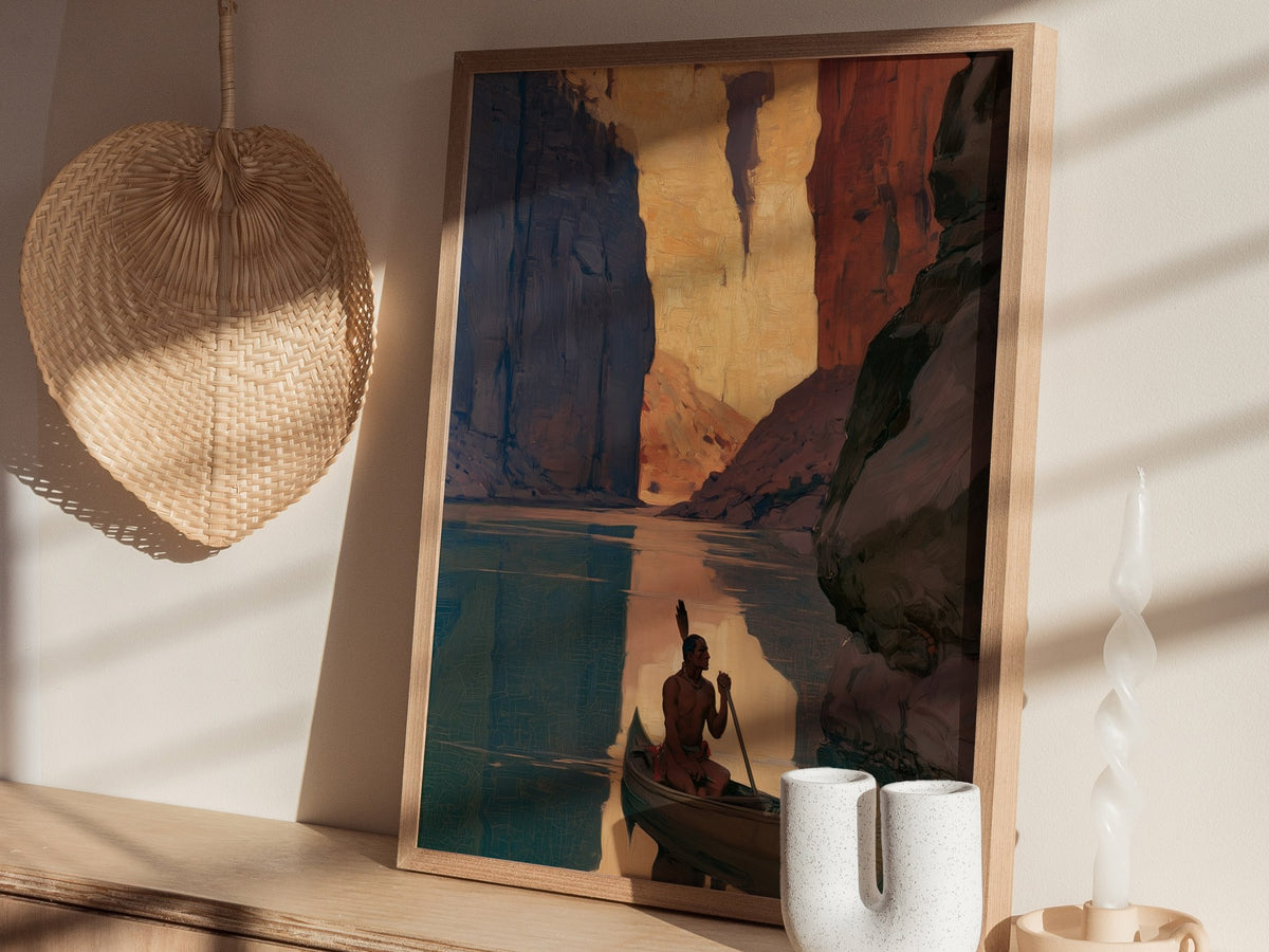canoe-in-canyon-light Poster | Amber and Shadow Oil Painting Art Print | Adventure Wall Art — styled in an interior