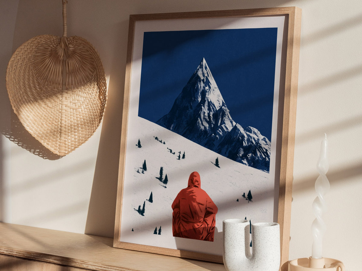 Alone Before Summit Poster | Pink and Cobalt Illustrative Art Print | Adventure Wall Art — styled in an interior