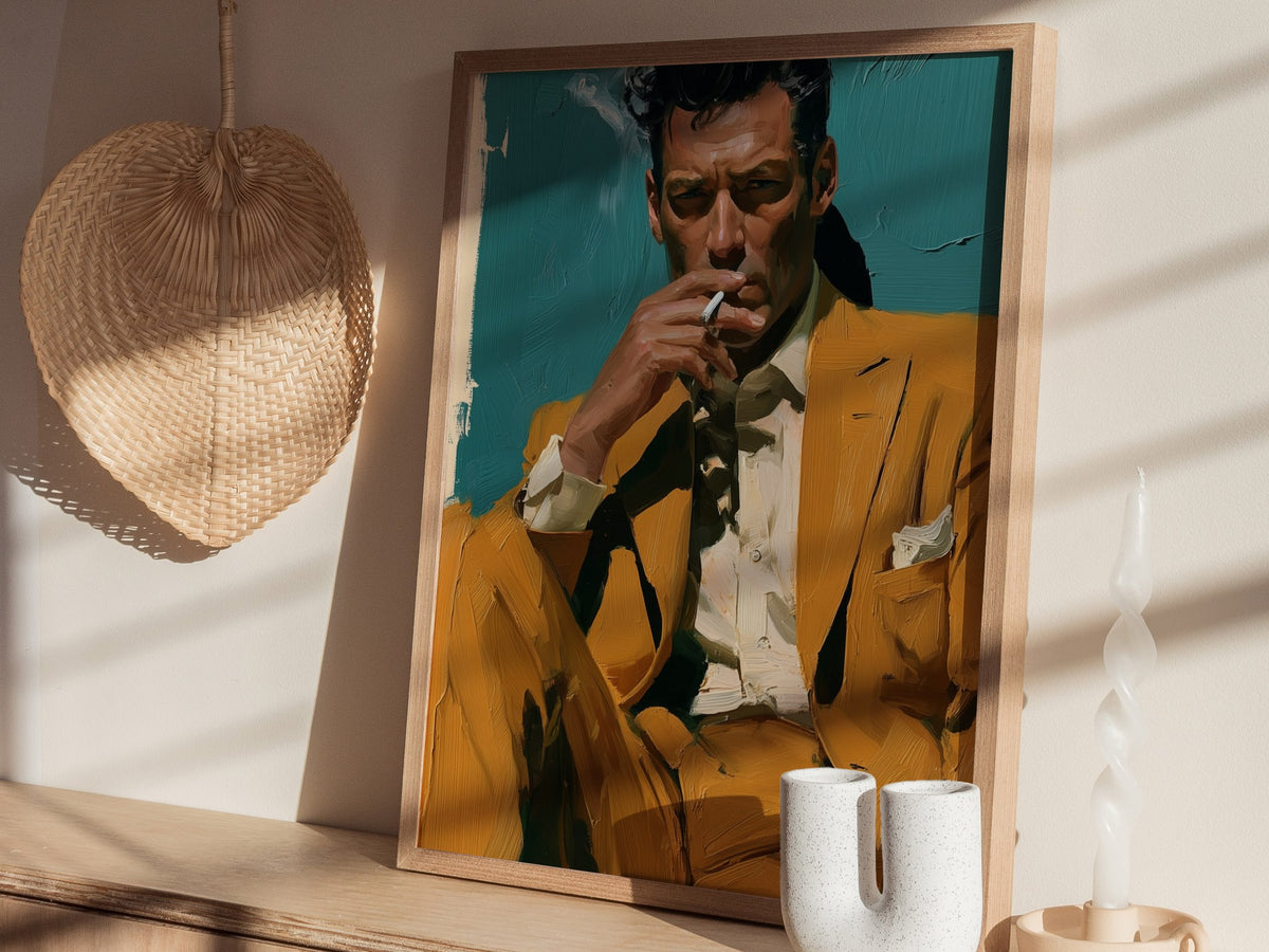 Man Lights Cigarette Poster | Teal and Mustard Oil Painting Art Print | Mid-Century Modern Wall Art — styled in an interior