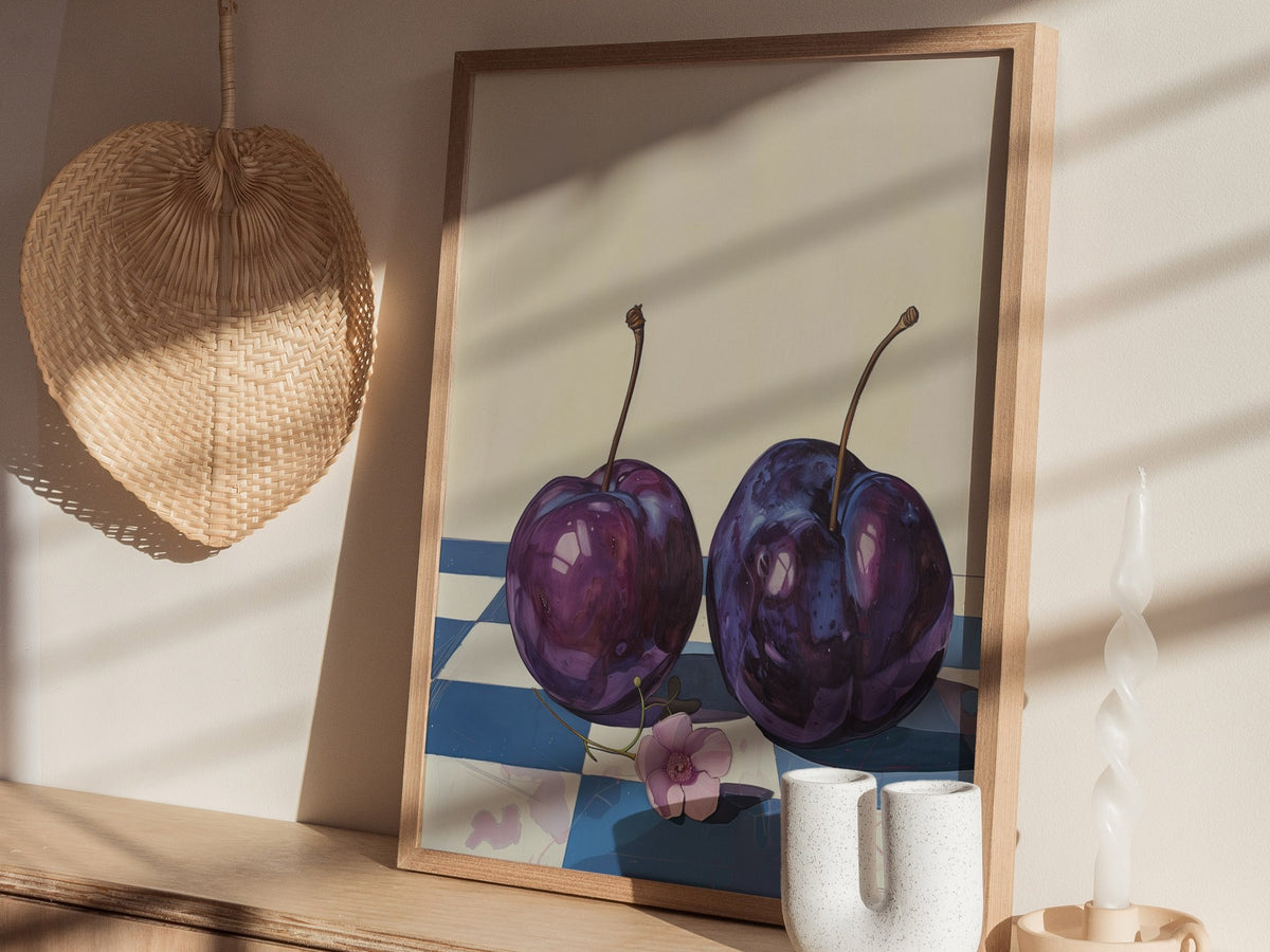 plums-on-checkerboard Poster | Purple and Cream Illustrative Art Print | Kitchen Wall Art — styled in an interior