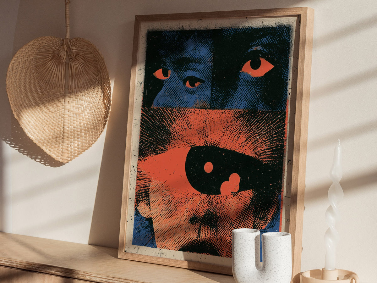 Two Faces Watching Poster | Coral and Teal Screen Print Art Print | Alternative Wall Art — styled in an interior