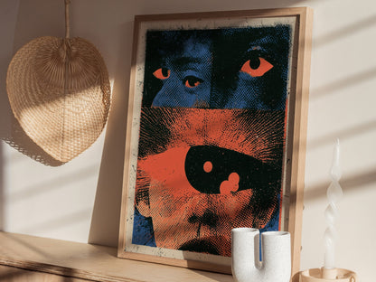 Two Faces Watching Poster | Coral and Teal Screen Print Art Print | Alternative Wall Art — styled in an interior
