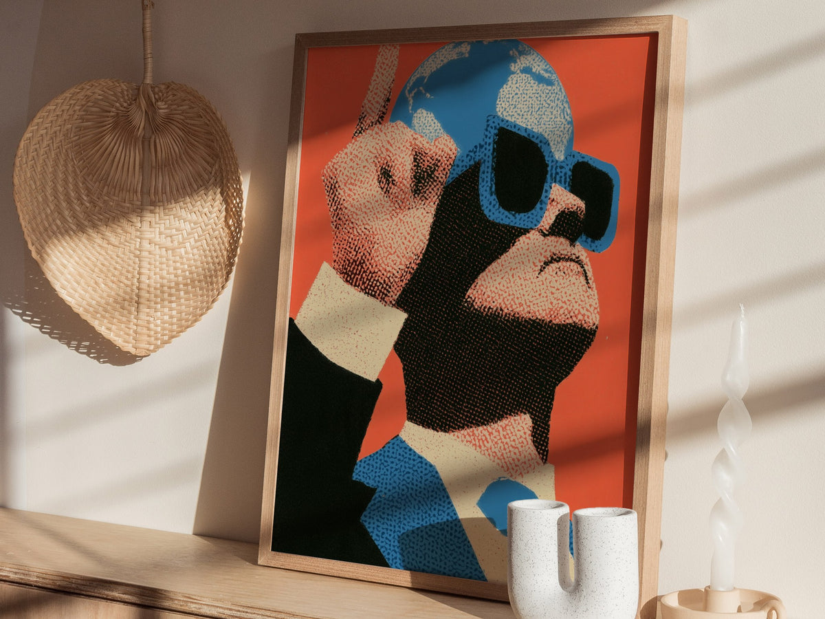Globe Head Points Up Poster | Coral and Blue Screen Print Art Print | Contemporary Wall Art — styled in an interior