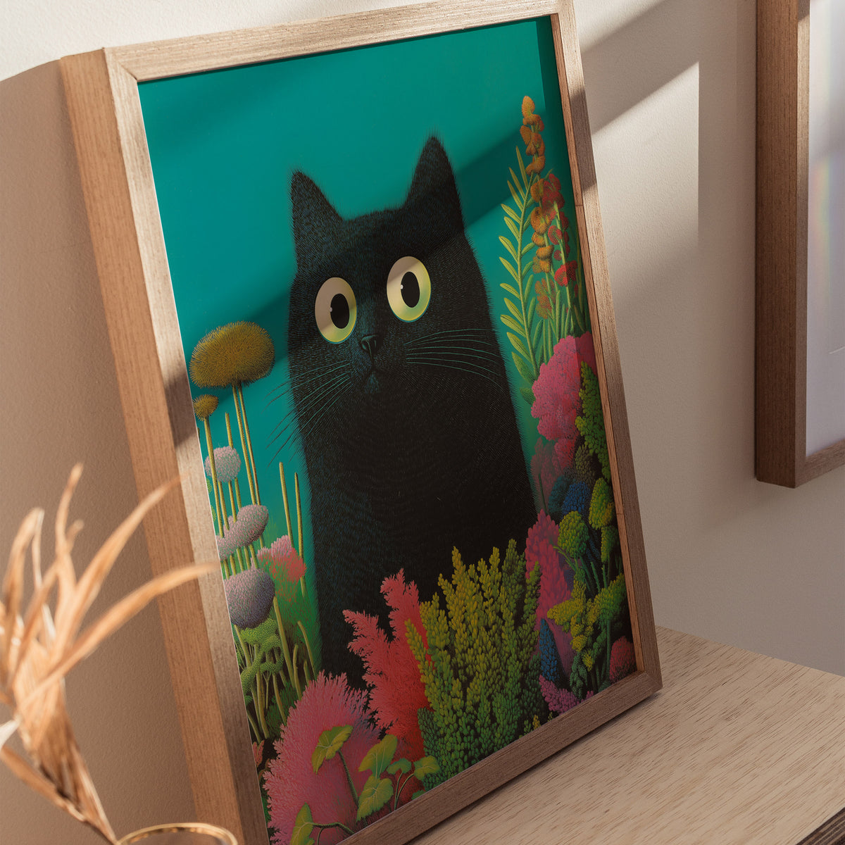 Black Cat in Garden Poster | Animals Art Print — styled in an interior