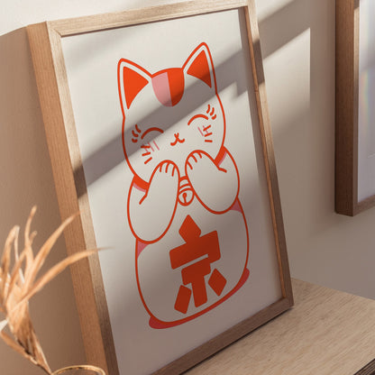 Maneki-neko Cat Poster | Wildlife Art Print — styled in an interior