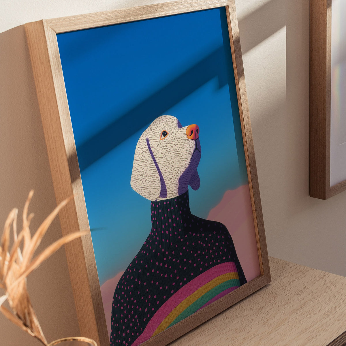 Rainbow Dog Sweater Poster | Kids Art Print — styled in an interior