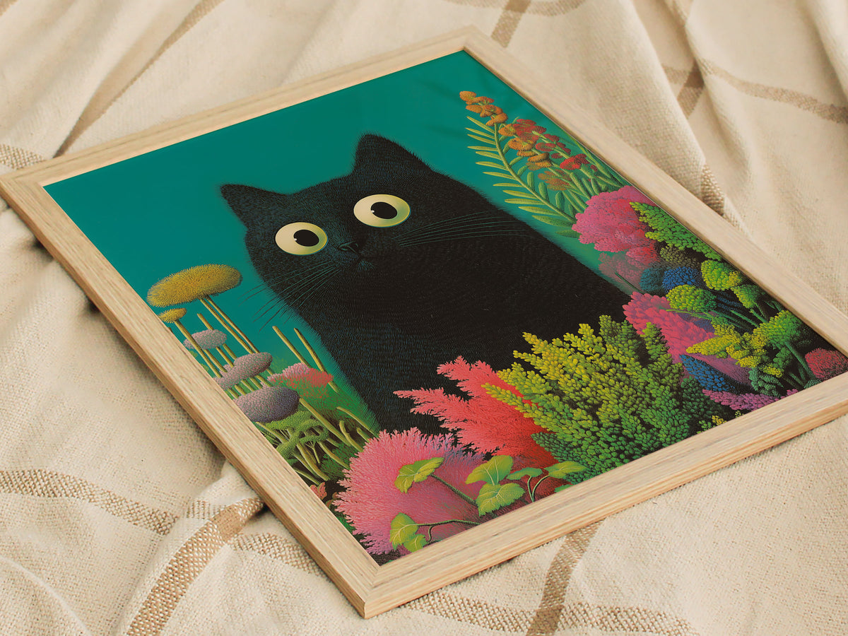 Black Cat in Garden Poster | Animals Art Print — styled in an interior