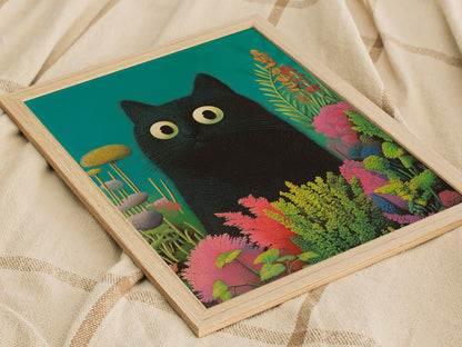 Black Cat in Garden Poster | Animals Art Print — styled in an interior
