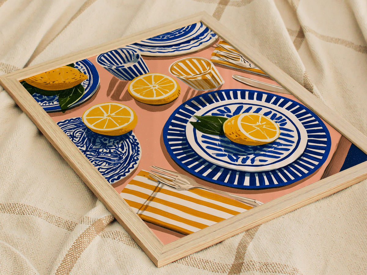 Lemon Table Poster | Cobalt and Ochre Illustrative Art Print | Kitchen Wall Art — styled in an interior