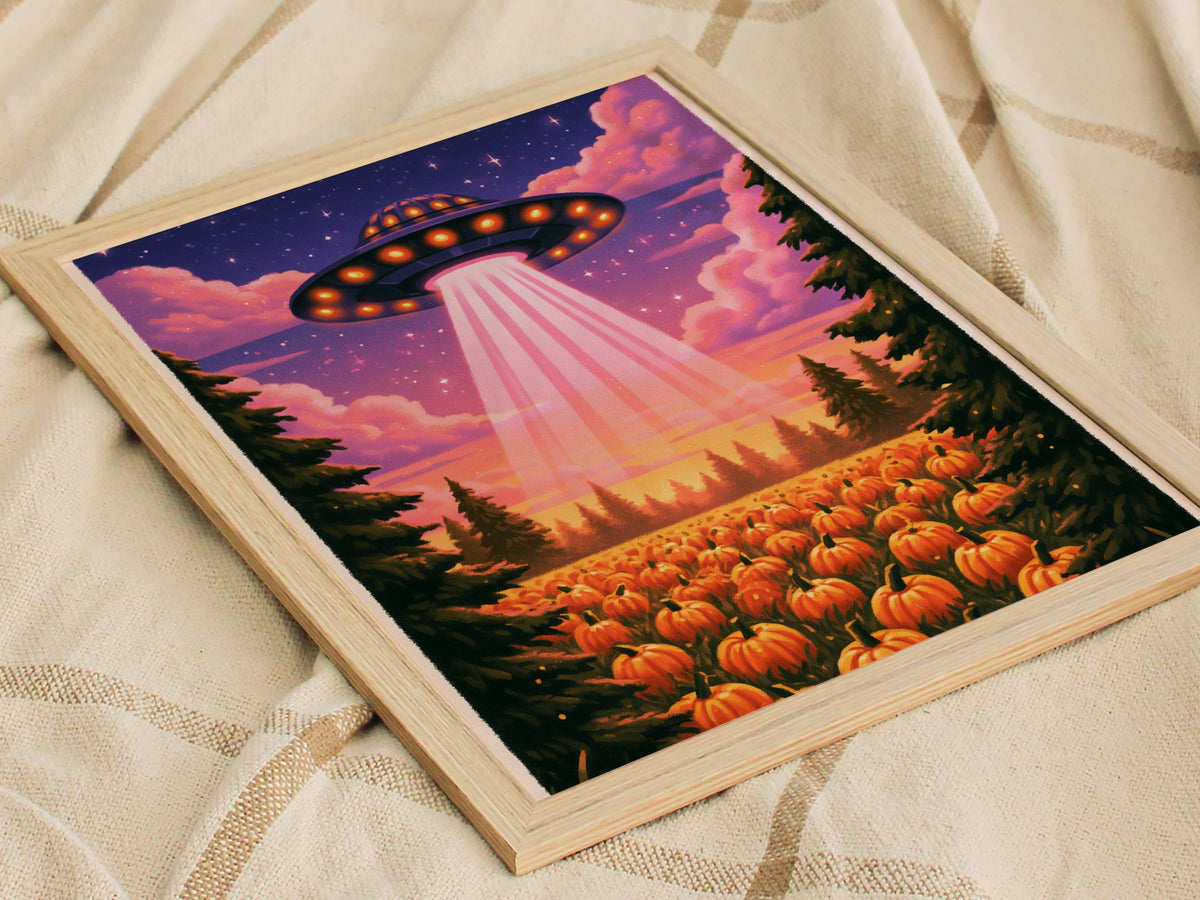 Gourd Harvest Poster | Orange and Purple Illustrative Art Print | Sci-Fi Wall Art — styled in an interior