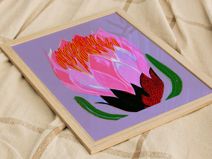 Flower Erupts Purple Poster | Pink and Lavender Illustrative Art Print | Botanical Wall Art — styled in an interior