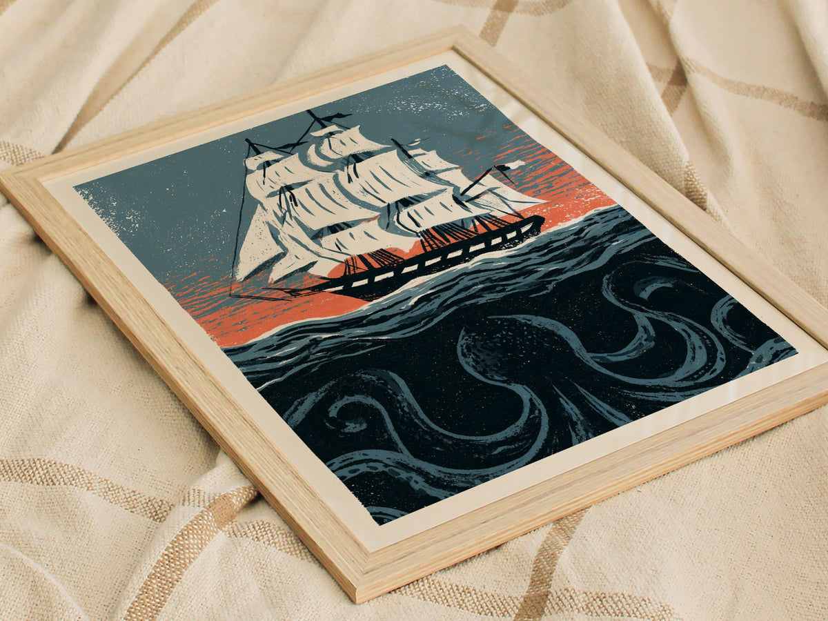Kraken Under Sail Poster | Teal and Cream Illustrative Art Print | Nautical Folk Art Wall Art — styled in an interior