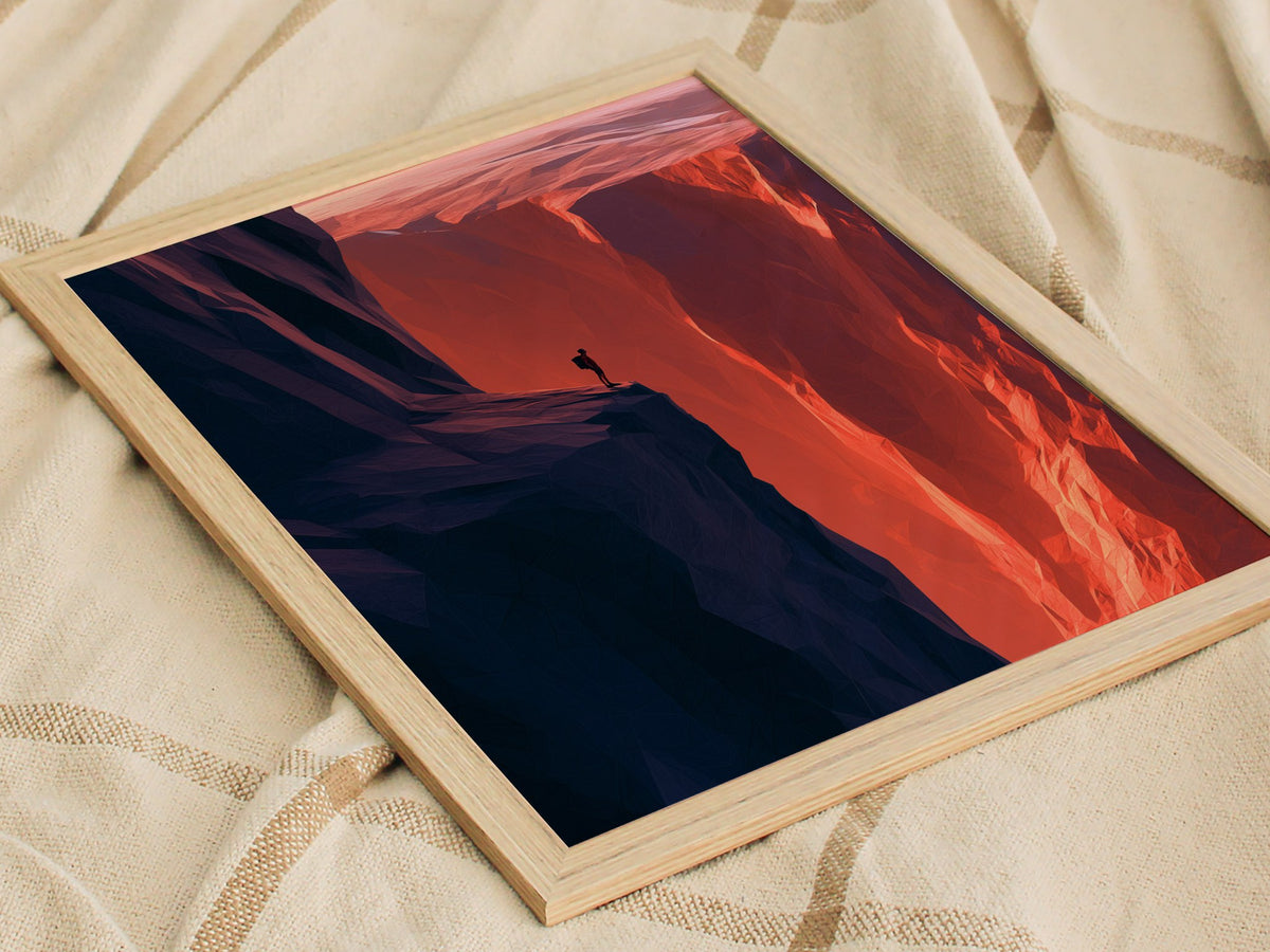 Hiker Finds the Edge Poster | Rust and Purple Low Poly Art Print | Hikers Wall Art — styled in an interior